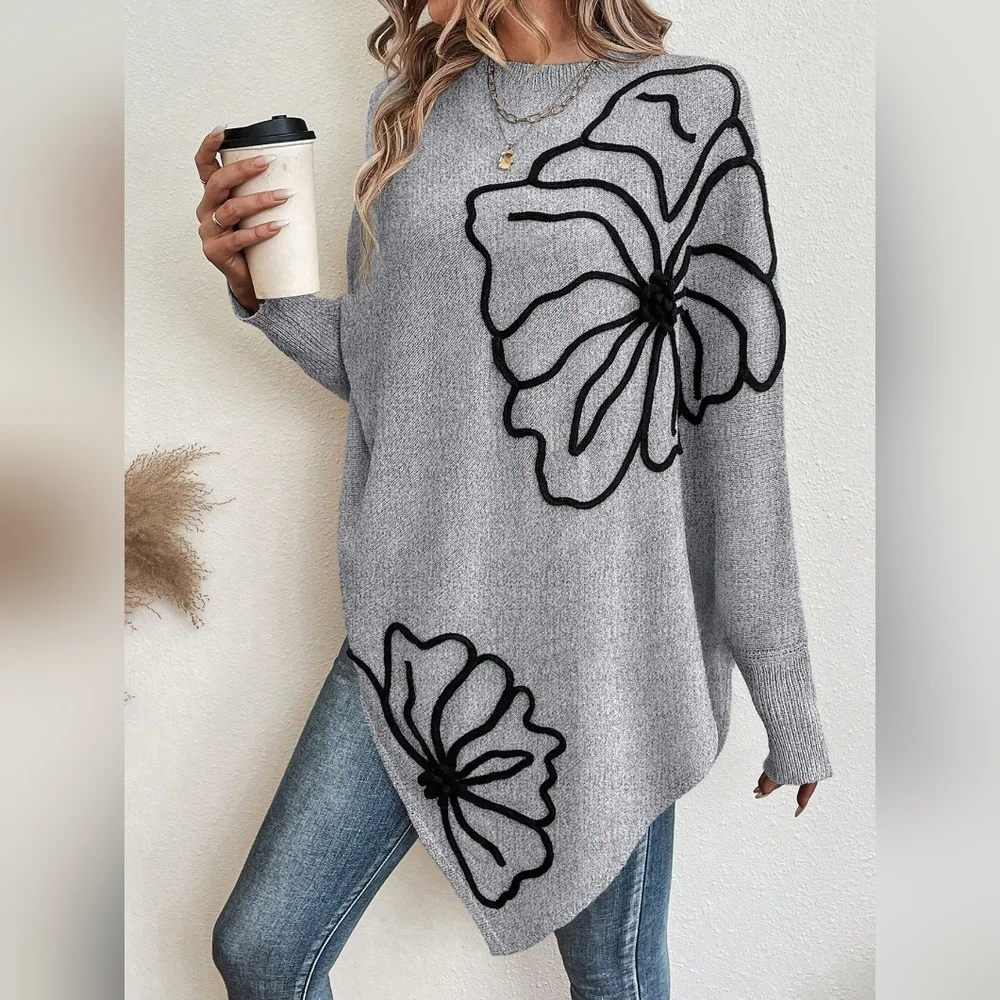 Floral Pattern Batwing Sleeve Asymmetrical Hem Sweater - Picture 6 of 6